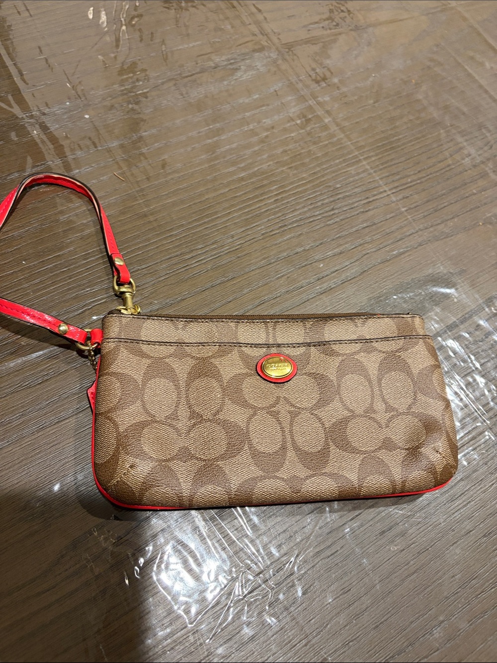 Coach Brown Signature Wristlet with Red Trim
